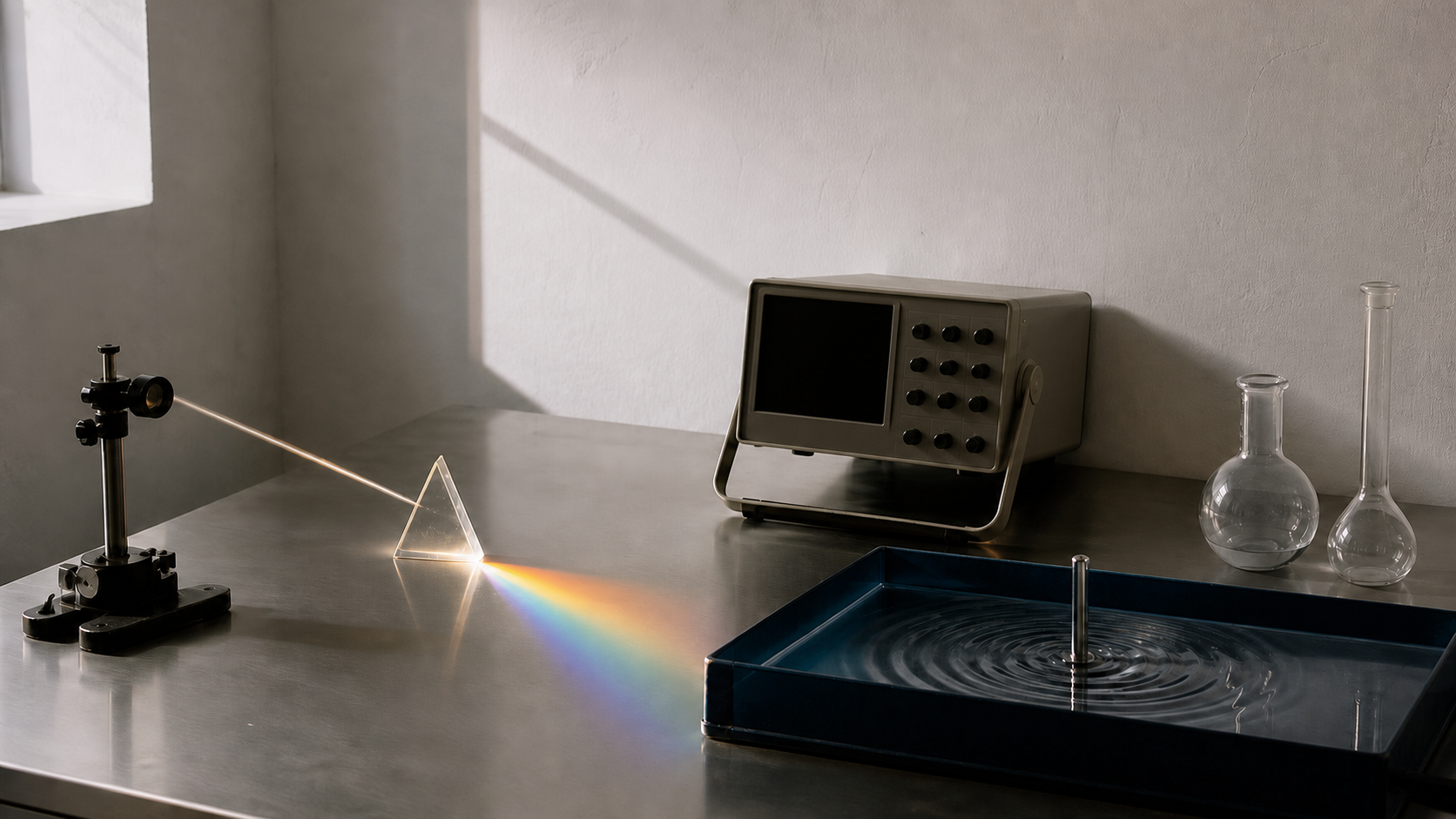 Composition de laboratoire avec un prisme, un spectre lumineux et une cuve à ondes