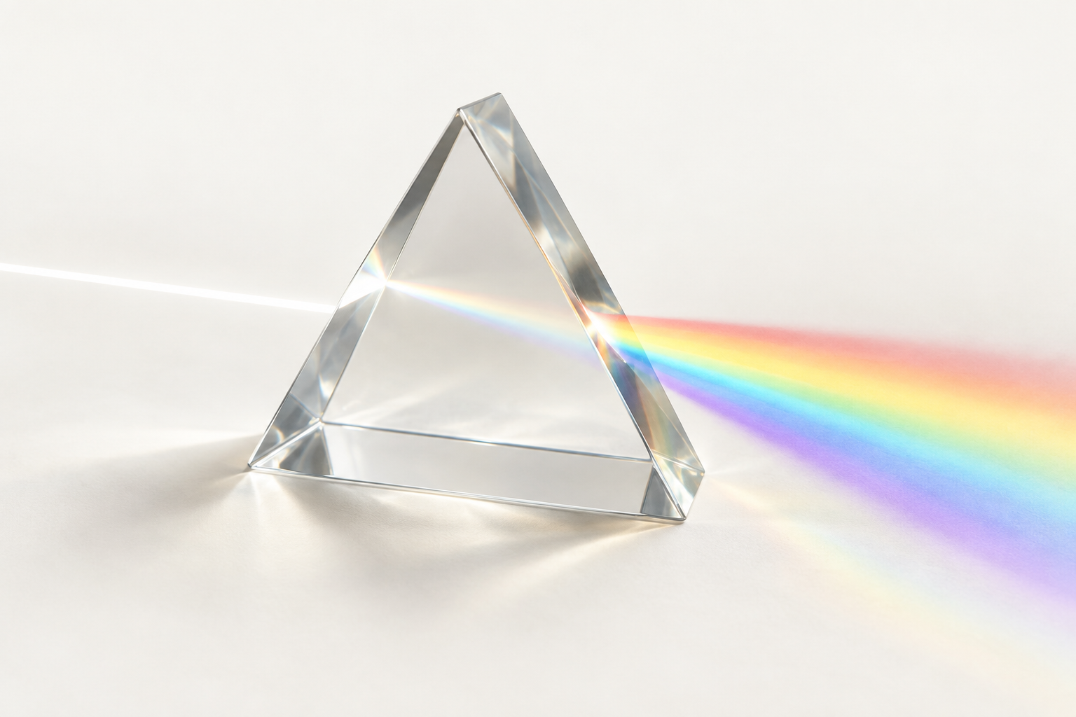 Un faisceau de lumière traverse un prisme de verre et se décompose en un spectre coloré.